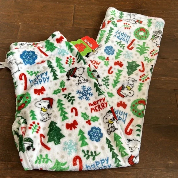 Peanuts womens Christmas Snoopy Plush Pajama Pants New L Snowflakes 4021 - Picture 2 of 2
